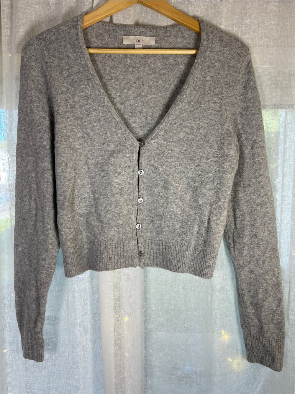 LOFT Heather Gray V-Neck Button-Front Cardigan